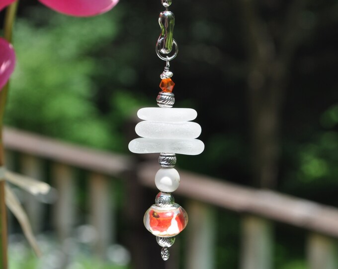 Fan Chain Pull, Genuine Sea Glass, Ceiling Fan Pull, Light Pull, Suncatcher, Frosty White Stack 747, Lamp Pull, Beach Gifts, Beaded Pull