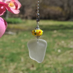 Beach Fan Pull, Genuine Sea Glass, Ceiling Fan Light Pull. (slight hint of yellow) White Drop 726, Decorative Lamp Pull, Unique Beach Gifts
