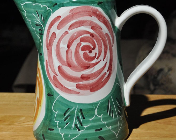 Vintage Pier 1 Ceramic Vase Pitcher Hand-Painted Italian Majolica Flowered Jug 8" Tall Free Ship