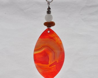 Rock Necklace, Onyx Agate Pendant, Bright Striped Marquise Stone, Genuine Sea Glass Accent, White Jade Gemstone, Sterling Chain Incl. B82