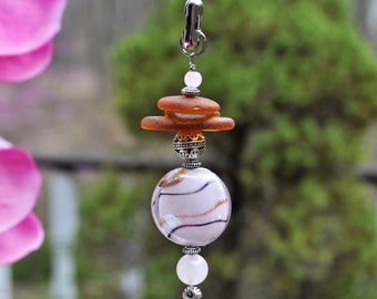Coastal Lamp Pull, Genuine Sea Glass, Ceiling Fan Pull, Light Pull, Suncatcher, Frosty Brown Stack 626, Beach Gifts, Lamp Pull, Beaded Pull 