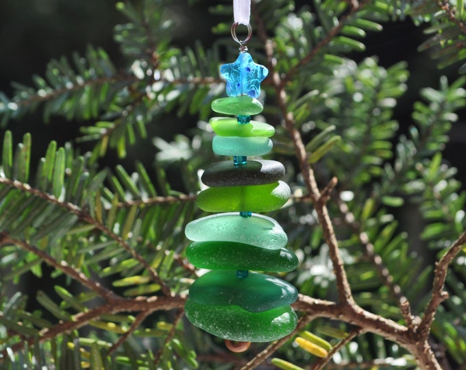 Sea Glass Christmas Tree Ornament, Delightful Stocking Stuffer, Unique Gift, Holiday Package Decor, Genuine Odd Green Mix and Blue Star