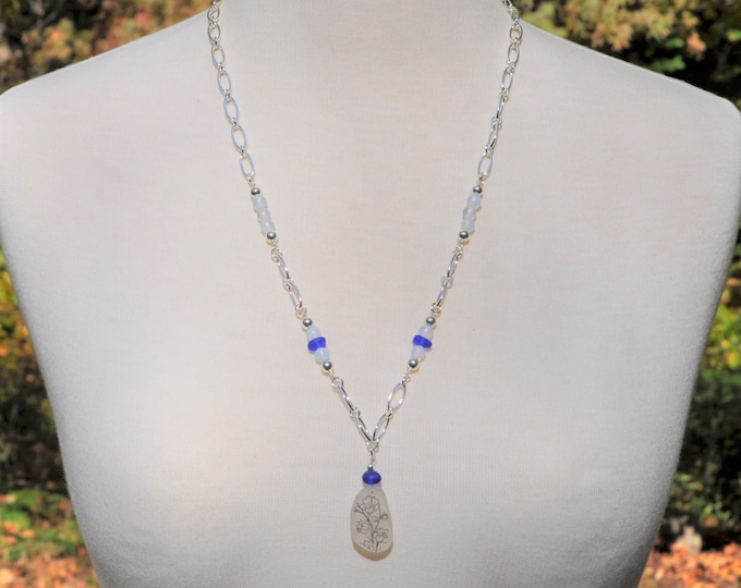 Sea Glass Jewelry Beach Long Necklace Cobalt Blue and White Flowered Centerpiece with Opalite Sterling Silver 7539