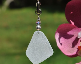 Decorative Fan Pull, Genuine Pale Blue Sea Glass, Ceiling Light Pull, Sun Catcher, Frosty Drop 811, Lamp Pull, Beaded Pull, Beach Gifts