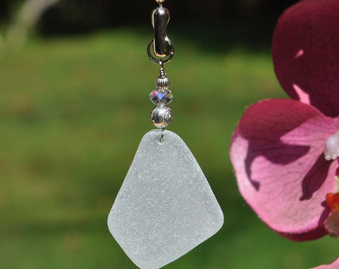 Decorative Fan Pull, Genuine Pale Blue Sea Glass, Ceiling Light Pull, Sun Catcher, Frosty Drop 811, Lamp Pull, Beaded Pull, Beach Gifts