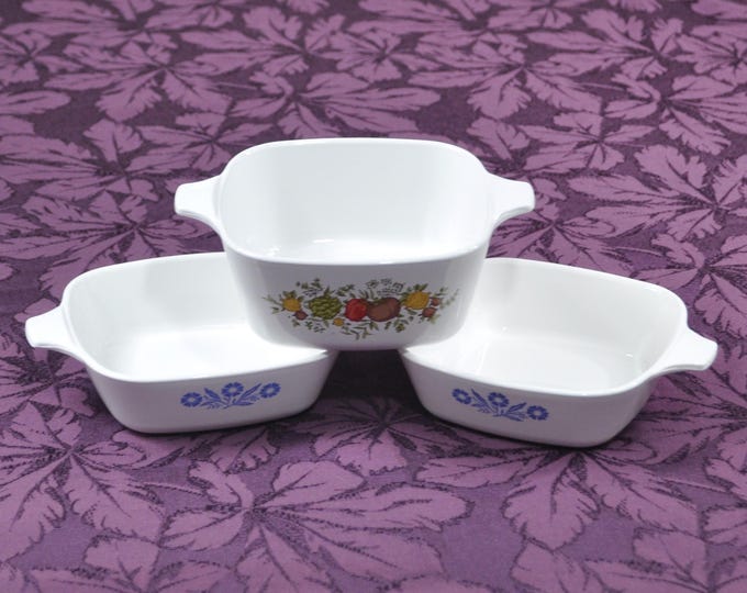 Corning Ware Petite Casserole Set/3 No Lids 2 Cornflower 1 Spice of Life Vintage Free Ship