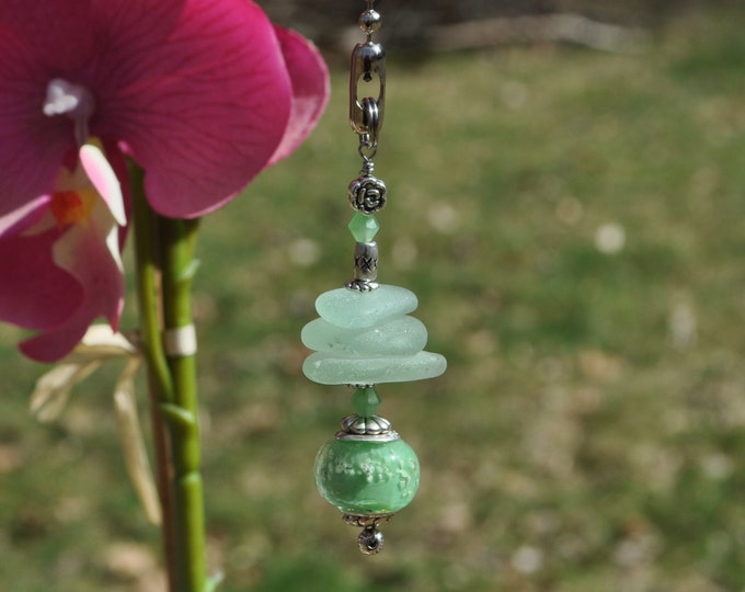 Ceiling Fan Pull, Genuine Sea Glass, Light Pull, Decorative Suncatcher, Frosty Seafoam Mix Stack 578, Beaded Pull, Unique Beach Gifts