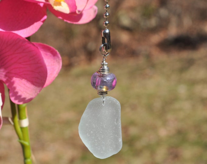 Decorative Fan Pull, Genuine Sea Glass, Ceiling Light Pull, Sun Catcher, Frosty Light Seafoam Drop 557, Lamp Pull, Beaded Pull, Beach Gifts