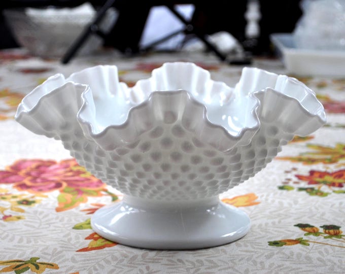 Large Hobnail Pedestal Bowl White Milk Glass w/ Ruffled Folded Edge Compote 10" wide 5" tall Vintage Free Ship