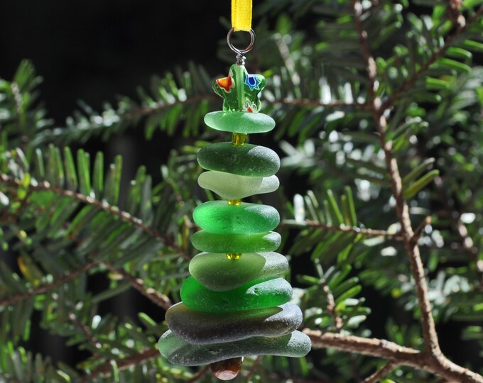 Sea Glass Christmas Tree Ornament, Delightful Stocking Stuffer, Unique Gift, Holiday Package Decor, Genuine Odd Green Mix and Green Star