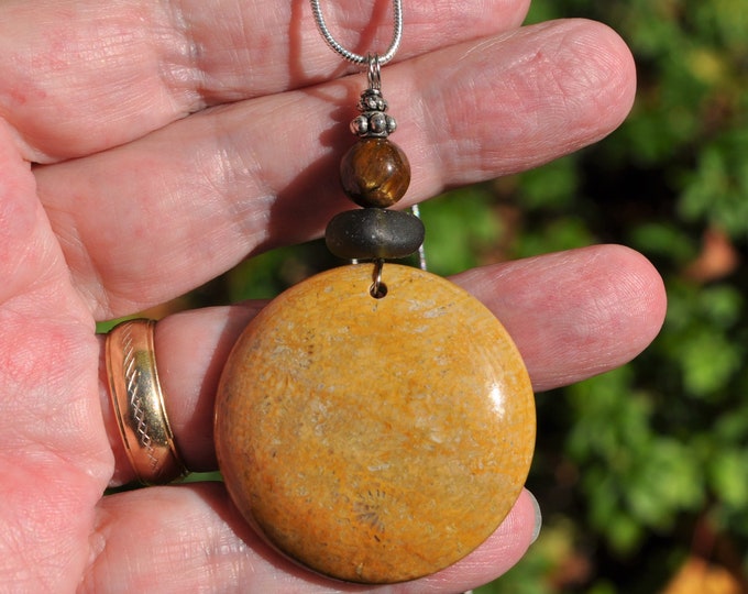 Coral Jade Pendant Necklace, Round, Genuine Sea Glass Accent, Tigers Eye Gemstone, Sterling Chain Included B85