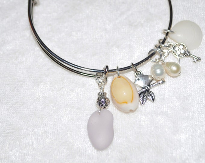 Adjustable Expandable Sea Glass Jewelry Beach Bangle Wire Charm Bracelet Lavender 1126