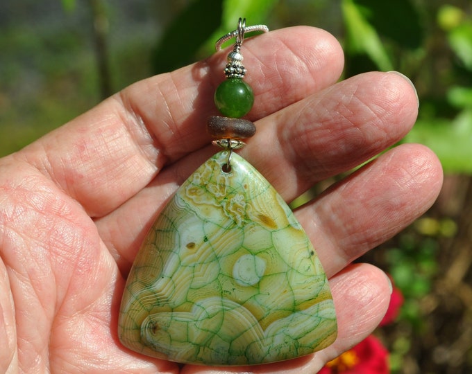 Rock Necklace, Dragon Veins, Fire Agate Stone Pendant, Green & Brown, Genuine Sea Glass Accent, Jade Gemstone, Sterling Chain Incl.  B109