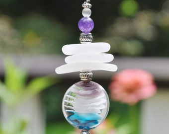 Genuine Sea Glass, Ceiling Fan Pull, Light Pull, Suncatcher, Frosty White Stack 733, Lamp Pull, Beaded Pull, Unique Gift, Beach Gifts