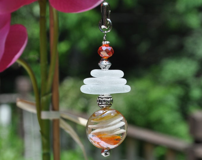 Decorative Fan Pull, Genuine Sea Glass, Ceiling Fan Pull, Light Pull, Suncatcher, Frosty White Stack 741, Coastal Gift, Lamp Pull, Bead Pull