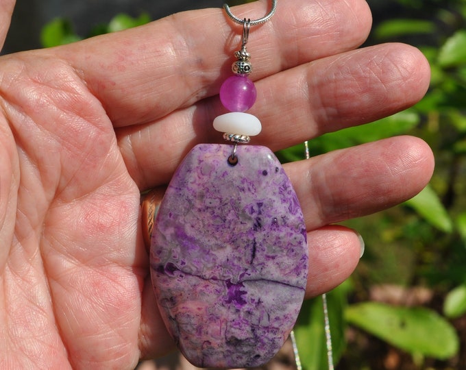 Stone Necklace, Lace Agate Pendant, Large Purple Stone, Genuine Sea Glass Accent, Alexandrite Gemstone, Sterling Chain Included B207