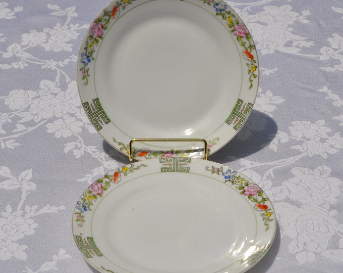 Antique Pair Nippon Bread & Butter Floral Rim Plates 6 3/8" Greek Key Rising Sun Free Ship