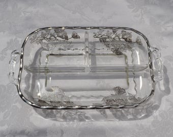 Silver City 3-Part Relish Dish Crystal w/ Sterling Silver Poppy Overlay & Handles 12 1/4"x7 1/8"x2" Vintage Free Ship