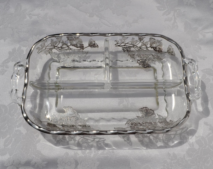 Silver City 3-Part Relish Dish Crystal w/ Sterling Silver Poppy Overlay & Handles 12 1/4"x7 1/8"x2" Vintage Free Ship