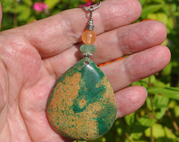 Sea Sediment Pendant, Ocean Agate Necklace, Large Teardrop, Genuine Sea Glass Accent, Orange Jade Gemstone, Sterling Chain Included B224