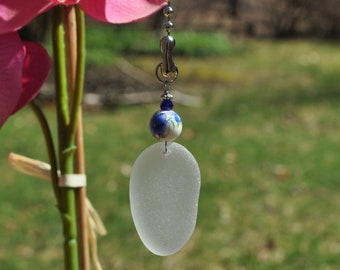 Genuine Sea Glass, Ceiling Fan, Light Pull, Suncatcher Frosty White Drop 775, Decorative Lamp Pull, Beaded Pull, Beach Lover Gifts