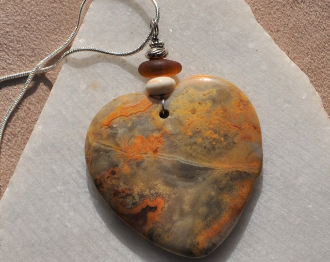 Lace Agate Necklace Pendant, Large Yellow Heart Shaped, Genuine Sea Glass Accent, White Turquoise Gemstone, Sterling Chain Included  B192