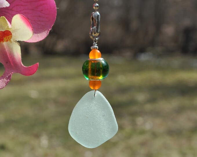 Decorative Fan Pull, Genuine Sea Glass Ceiling Light Pull, Sun Catcher, Frosty Seafoam Drop 544, Lamp Pull, Beaded Pull, Beach Lover Gifts