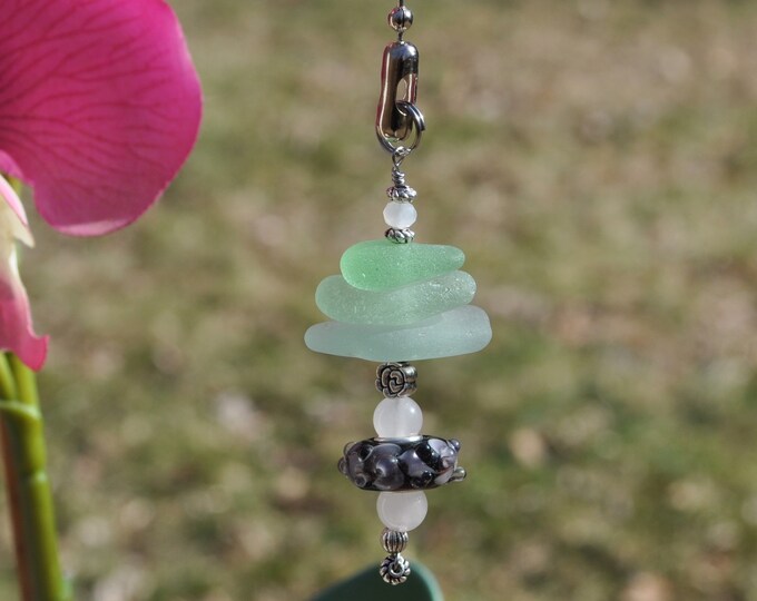 Ceiling Fan Pulls, Genuine Sea Glass, Light Pulls, Decorative Suncatcher, Frosty Seafoam Mix Stack 538, Beaded Pull, Unique Beach Gifts