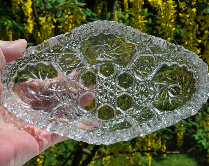 Vintage American Brilliant Clear Cut Oblong Bowl Sawtooth & Starburst 9.5"x4.5"x2.5" Free Ship