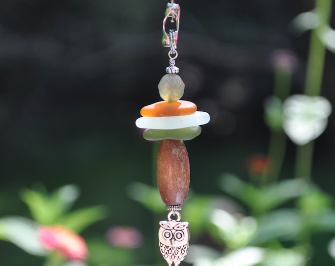 Fan Chain Pull, Genuine Sea Glass, Ceiling Fan Pull, Light Pull, Suncatcher, Frosty Mixed Stack 311, Owl, Lamp Pull, Beaded Pull, Beach Gift