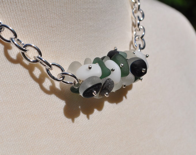 Gorgeous Sea Glass Jewelry Beach Glass Twist Necklace Heavy Statement Necklace Solid Sterling Silver Multi Colored Mix Free Shipping 2563