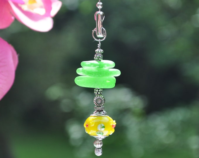 Beach Fan Pull, Genuine Sea Glass, Ceiling Fan Pull, Light Pull, Sun Catcher, Frosty Green Stack 465, Lamp Pull, Beaded Pull, Unique Gifts