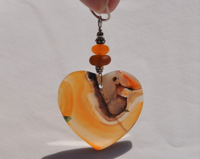 Rock Necklace, Onyx Agate Pendant, Large Golden Striped Heart, Genuine Sea Glass Accent, Yellow Jade Gemstone, Sterling Chain Included B238