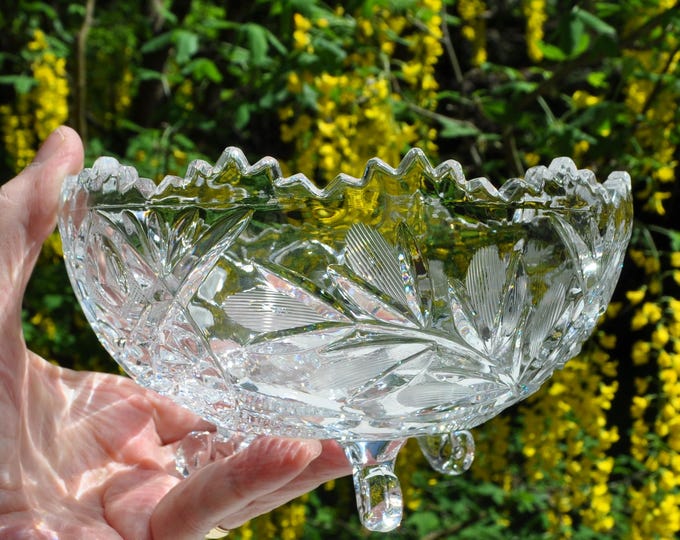 Clear Etched Bowl Sawtooth 3 Footed Scalloped Edge 6.5" x 3.5" Vintage Free Ship