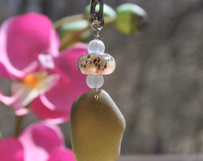 Fan Chain Pull. Genuine Sea Glass, Ceiling Fan Pull, Light Pull, Sun Catcher, Frosty Olive Green Drop 306, Lamp Pull, Beaded Pull Suncatcher