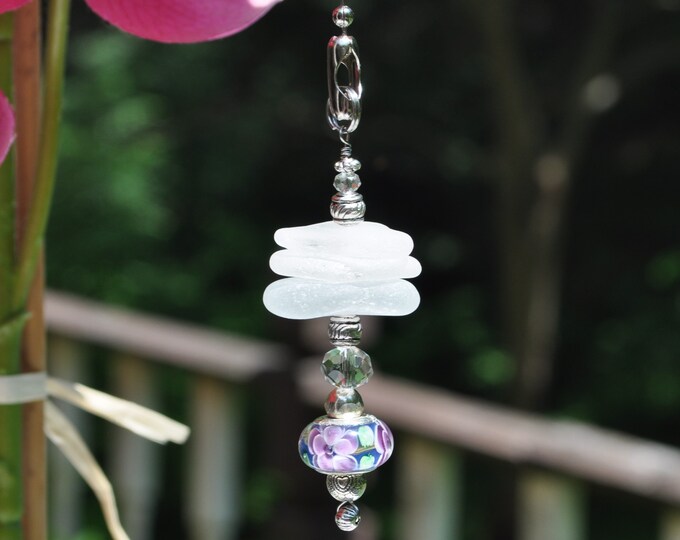 Coastal Fan Pull, Genuine Sea Glass, Ceiling Fan Pull, Light Pull, Sun Catcher, Frosty White Stack 704, Beach Gifts, Lamp Pull, Beaded Pull