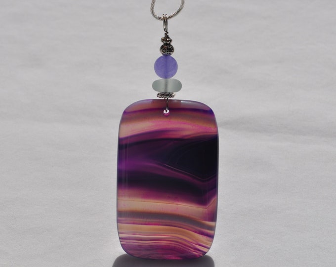 Stone Necklace, Geode Onyx Agate Pendant, Striped Purple Rock, Genuine Sea Glass Accent, Purple Jade Gemstone, Sterling Chain Included B178