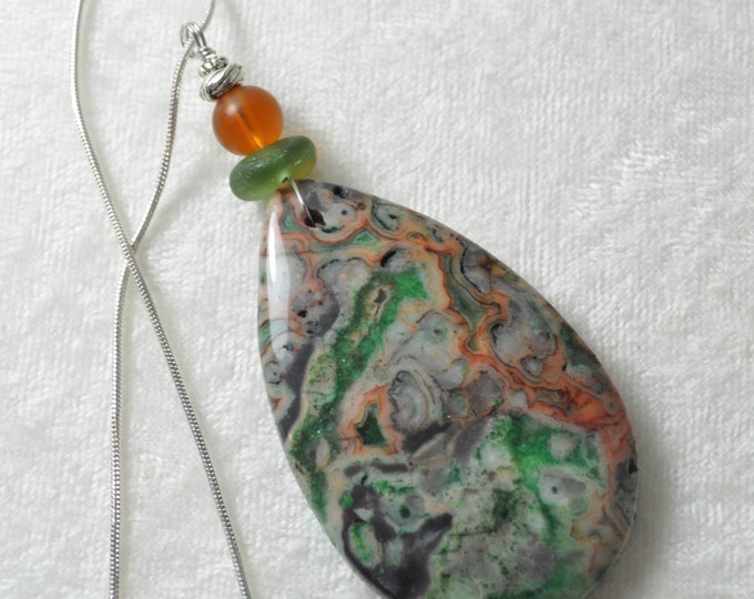 Lace Agate Necklace Pendant, Large Brown and Green Waterdrop, Genuine Sea Glass Accent, Frosted Glass Bead, Sterling Chain Included B376