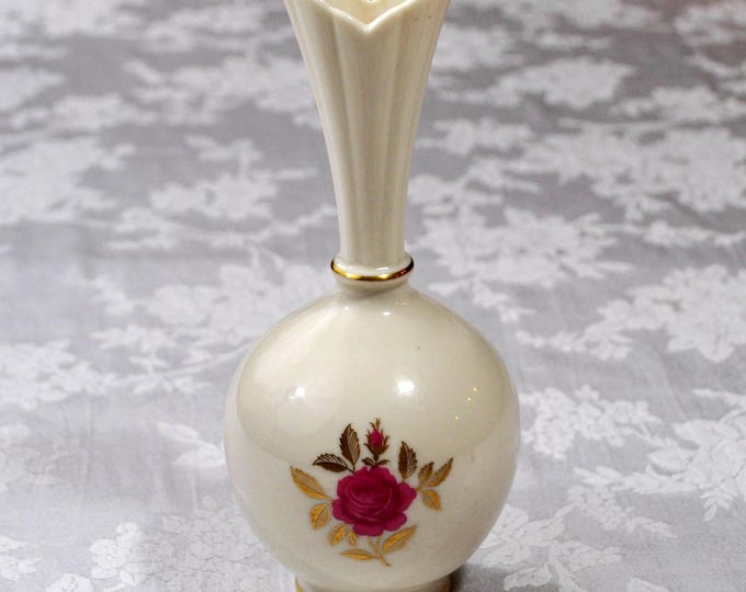 Vintage Ivory Pink Rose Bud Vase 8" 24k Gold Trim Lenox Rhodora Free Ship
