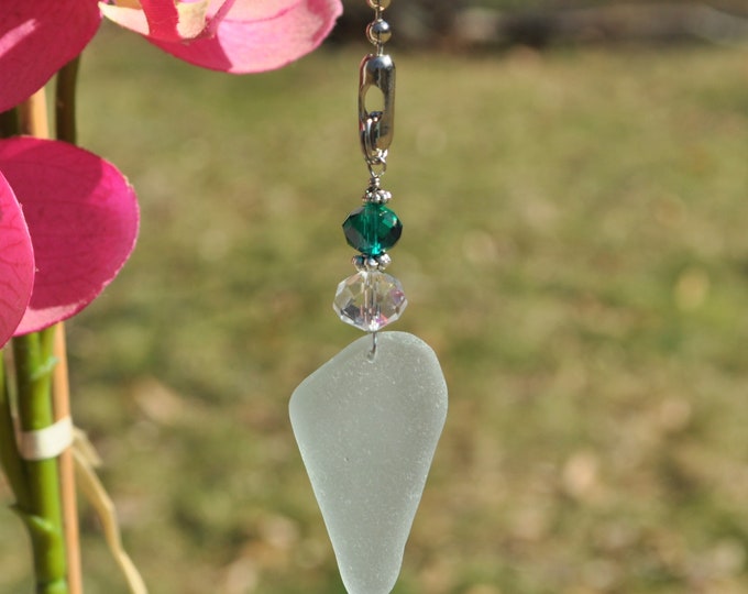 Decorative Fan Pull, Genuine Sea Glass, Ceiling Light Pull, Sun Catcher, Frosty Light Seafoam Drop 565, Lamp Pull, Beaded Pull, Beach Gifts