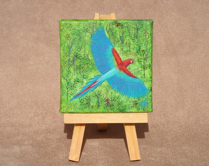 Parrot in Flight Miniature Painting with Easel Mini Canvas Fine Art Ornamental Table Accent Original Acrylic Painting Free Shipping