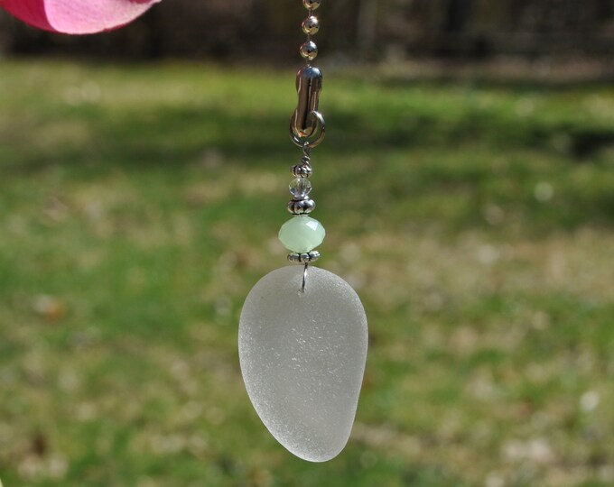 Genuine Sea Glass, Ceiling Fan, Light Pull. Suncatcher, (slight hint of gray-pink) Frosty White Drop 712, Decorative Lamp Pull, Beach Gift