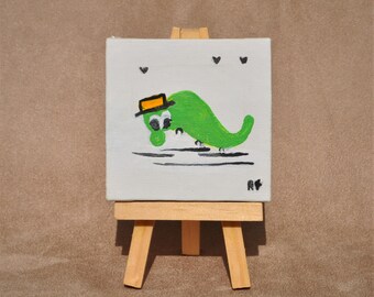 Mr. Barney D'Bug Miniature Painting with Easel Mini Canvas Fine Art Ornamental Table Accent Original Acrylic Painting Free Shipping