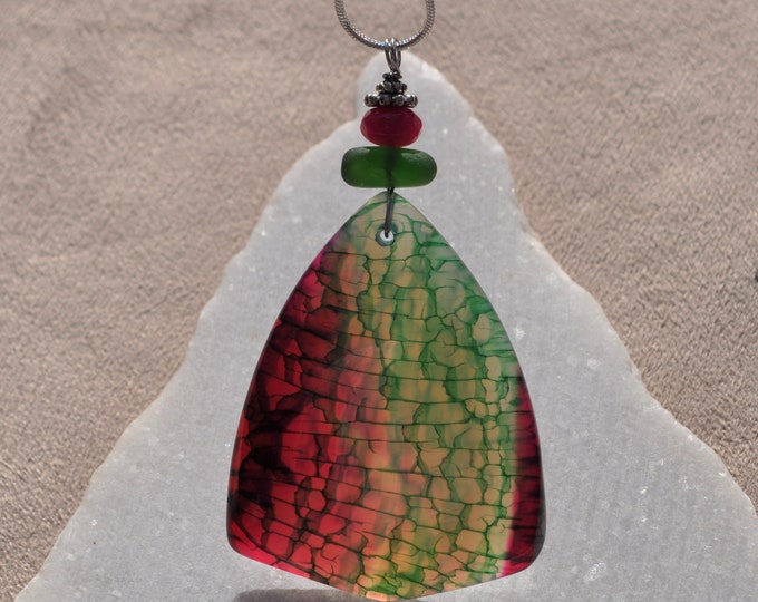 Stone Pendant, Dragon Veins, Fire Agate Necklace, Purple and Green, Genuine Sea Glass Accent, Faceted Fuschia Jade, Sterling Chain B374