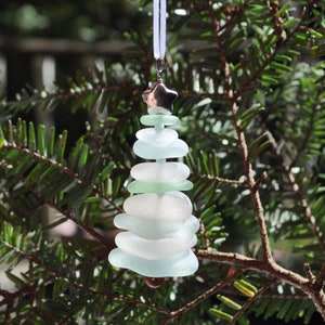 Sea Glass Christmas Tree Ornament, Delightful Stocking Stuffer, Unique Gift, Holiday Package Decor, Genuine Seafoam Mix with Silver Star