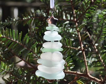 Sea Glass Christmas Tree Ornament, Delightful Stocking Stuffer, Unique Gift, Holiday Package Decor, Genuine Seafoam Mix with Silver Star