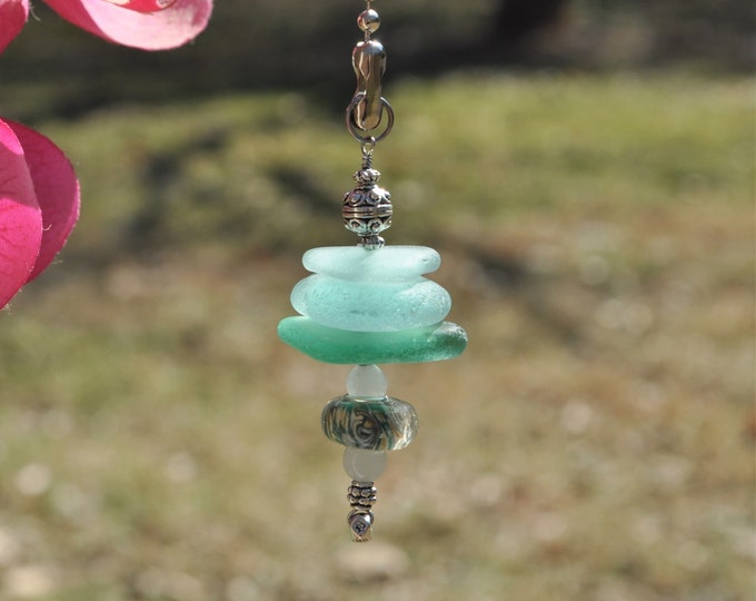 Ceiling Fan Pull, Genuine Sea Glass, Light Pull, Decorative Suncatcher, Frosty Blue Varied Mix Stack 808, Beaded Pull Unique Sun Catcher