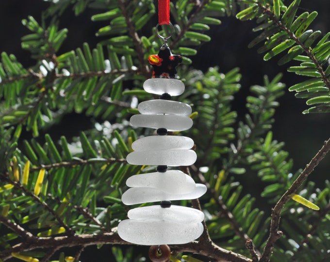 Sea Glass Christmas Tree Ornament, Delightful Stocking Stuffer, Unique Gift, Holiday Package Decor, Genuine White Sea Glass with Black Star