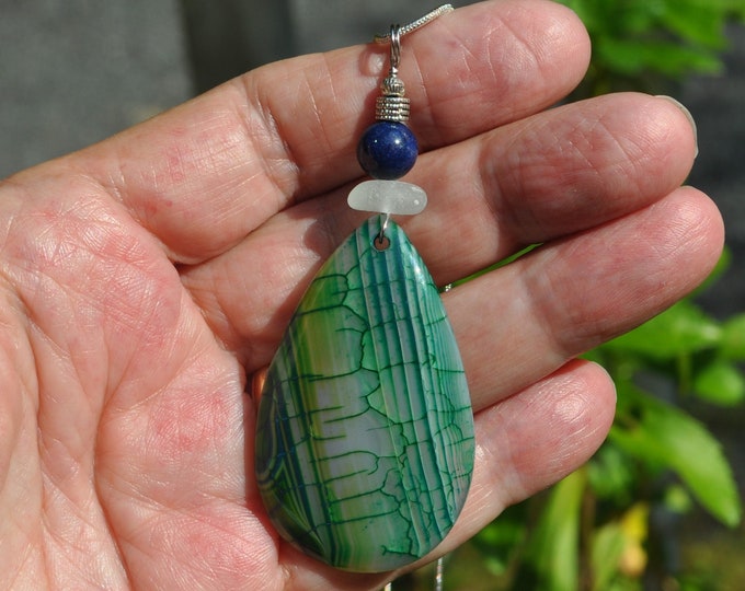 Stone Pendant, Dragon Veins, Fire Agate Necklace, Large Drop, Genuine Sea Glass Accent, Lazuli Lapis Gemstone, Sterling Chain Included B222