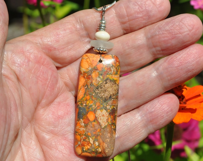 Sea Sediment Jasper Necklace Pendant, Large Long Orange, Genuine Sea Glass Accent, White Turquoise Gemstone, Sterling Chain Included B217